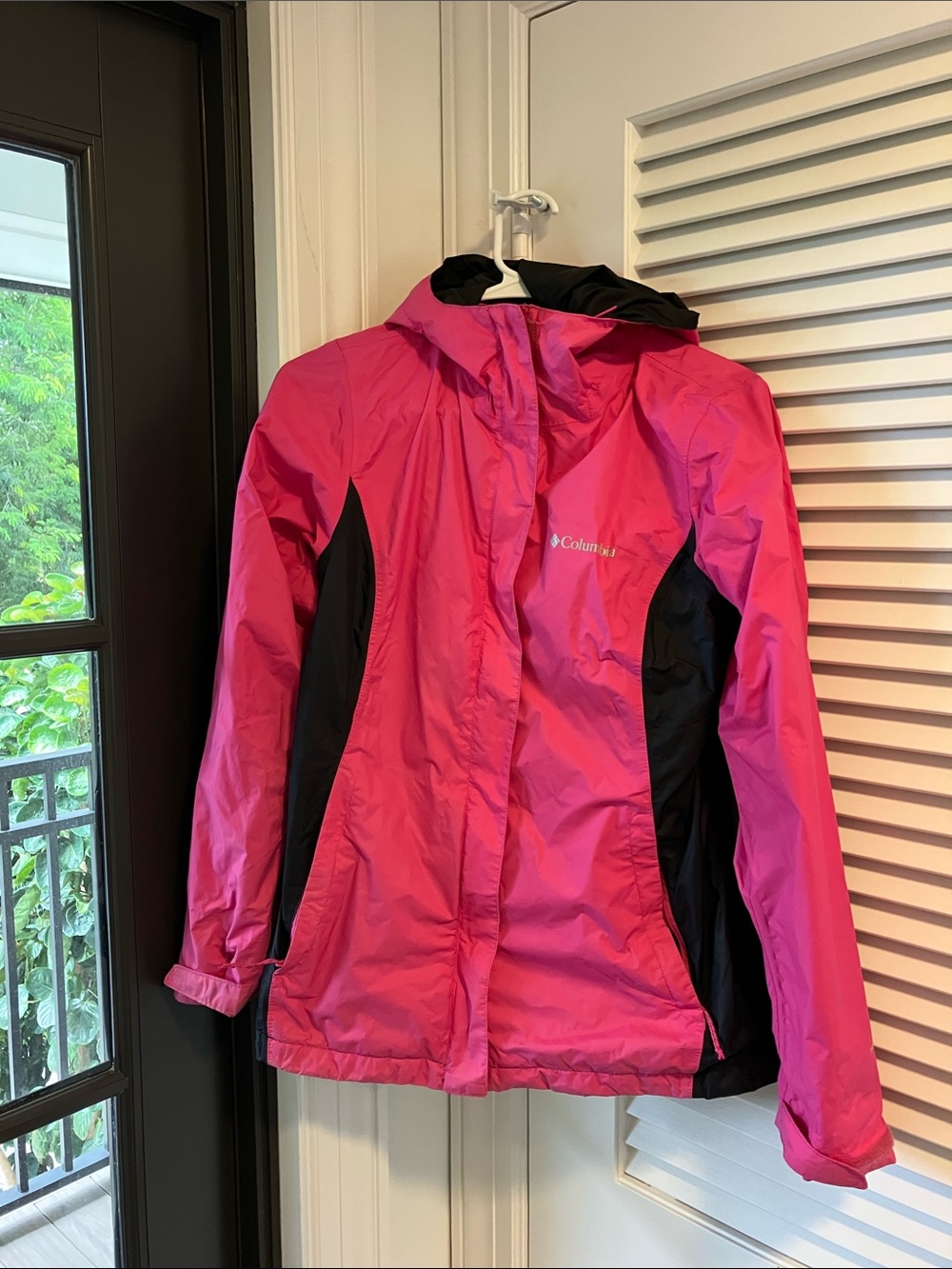 Columbia Women's Hot Pink and Black Hooded all weather rain coat.